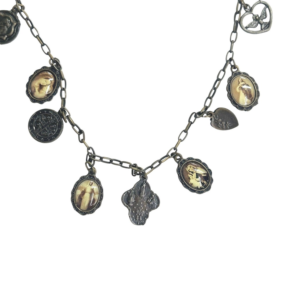 Vintage Catholic Saint Medal Charm Necklace Religious Cross Sacred Icons Antique